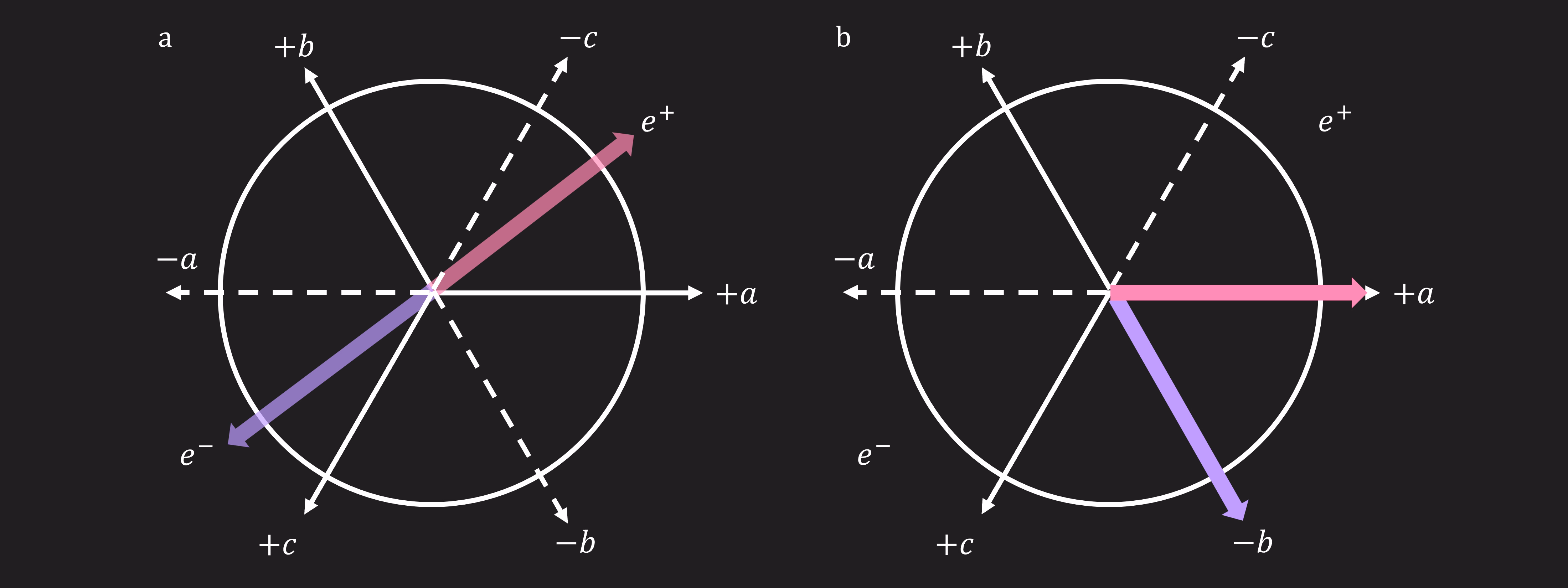 Ein Diagramm zeigt zwei anfängliche Spinvektoren, gefolgt von möglichen Messungen entlang drei Linien a, b und c, die jeweils eine positive und eine negative Richtung haben. Da diese Achsen nicht gegenseitig senkrecht sind, werden Lucas und Rihanna keine entgegengesetzten Spins messen, es sei denn, sie wählen zufällig dieselbe Achse.