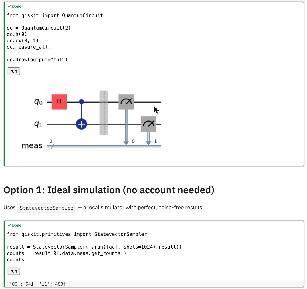 Eine Tutorial-Seite mit live ausführbaren Codezellen: Eine Zelle wurde gerade ausgeführt und zeigt ihre Ausgabe.