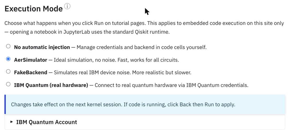 Die Einstellung Ausführungsmodus: AerSimulator, Fake-Backend oder IBM Quantum (echte Hardware).
